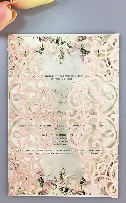 Amazon ウェディングカード ウェディングギフトカード 3dウェディングカード X 1 ゴールド シルバー ローズ シャンパン ピンク グリッター ダークブルー ブラック パール 中空 フラワー レーザーカット 結婚式の招待状カード 招待状 文房具 オフィス用品