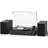 Vinyl Record Player with External Speakers, Vintage 3-Speed Turntable with Dual Speakers, Bluetooth Music Playback, MP3 PC Encoding, AUX Input Headphone Jack and RCA Out, Black Wood