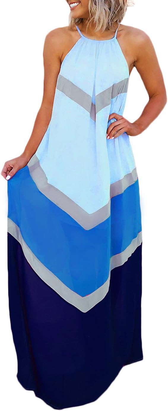 Joyfunear Women's Chiffon Halter Striped Color Patchwork Pleated Back Hollow Out Maxi Long Dresses