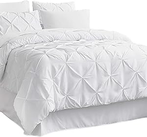 Bedsure Comforter Set Full/Queen Bed in A Bag White 8 Pieces - 1 Pinch Pleat Comforter(88X88 inches), 2 Pillow Shams, Flat Sheet, Fitted Sheet, Bed Skirt, 2 Pillowcases