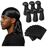 Tarpop 6 Pcs Black Silky Durag with Long Tail Silk Doo Rags for Men Satin Durag for 360 540 720 Waves Turban Durag Men Black Bandanas for Hip Hop Rapper Man Woman Teenagers Gifts