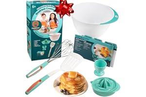 MasterChef Junior Breakfast Cooking Set- 6 Pc Holiday Kit w Real Cooking Tools for Kids & Recipes- Includes Spatula, Mixing Bowl, Whisk, Egg Cup, Juicer- Make Pancakes, Crepes & More