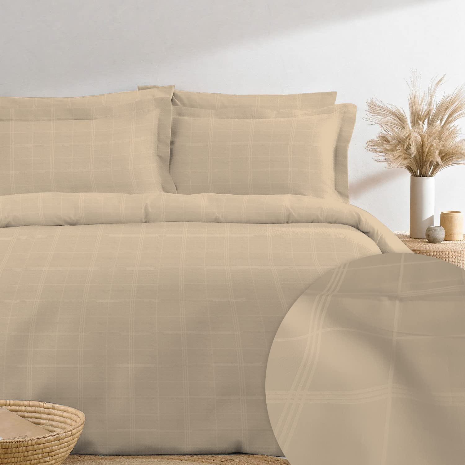 Pizuna 300 Thread Count Cotton Checked Duvet Cover Set Taupe, 100% Long Staple Cotton, Sateen Weave Light Weight Damask Pattern Double Taupe Bedding Set with 4 Corner Ties and Hidden Button Closure