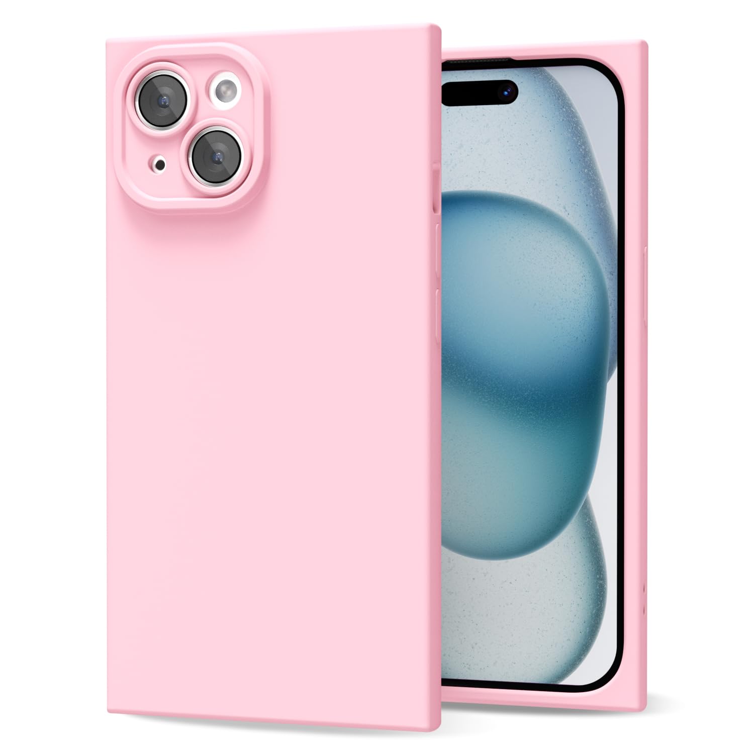 oakxco for iPhone 15 Plus/ 14 Plus Case Silicone Rectangle Edge Corner, Y2k Soft Rubber Gel Cute Phone Case for Women, Girly Aesthetic Trendy Unique Design with Camera Cover, Light Pink