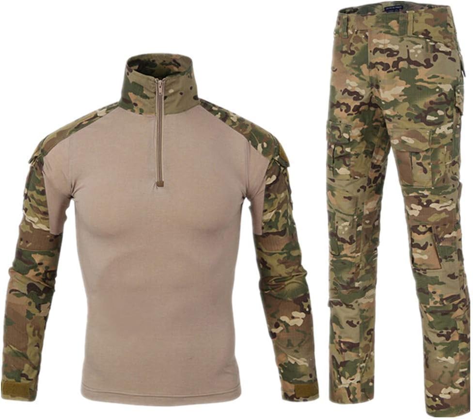 Men Combat T Shirt and Pant Set 1/4 Zip Camo Military Tactial Uniform with Long Sleeve BDU Airsoft Hunting Shirt