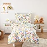 Wake In Cloud - Floral Toddler Bedding Set for Girls, Cute Colorful Botanical Flowers with Deers, 4 Pieces Soft Crib Bed Set Including Comforter, Sheets and Pillowcase, Green Cream