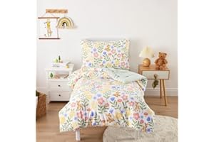 Wake In Cloud - Floral Toddler Bedding Set for Girls, Cute Colorful Botanical Flowers with Deers, 4 Pieces Soft Crib Bed Set Including Comforter, Sheets and Pillowcase, Green Cream