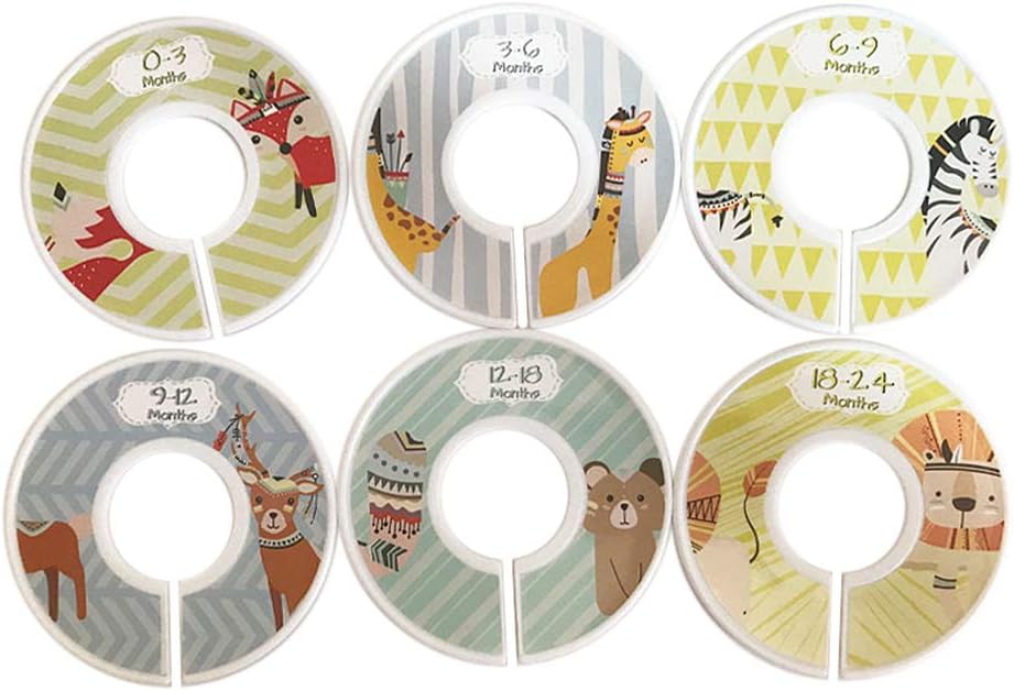 KOZOREN Baby Closet Size Dividers, 6/12pcs Animal Theme Nursery Baby Closet Clothes Dividers, Baby Nursery Toddler Clothes Size Organizer Dividers Girl Boy, 6pcs Animal Pattern 1#
