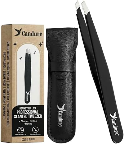 Candure Slanted Tweezers Stainless Steel with Leather Pouch