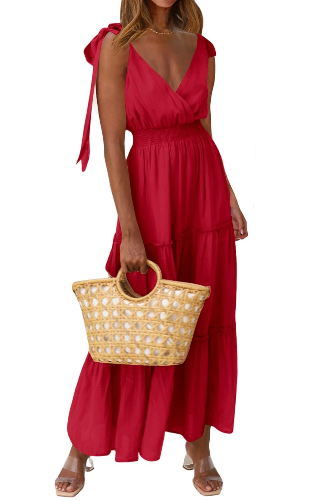 Photo 1 of PRETTYGARDEN Women's Summer Backless Boho Dress Tie Shoulder Sleeveless Knot Sun Dress Ruffled Hem Flowy Bohemian Maxi Dresses (Red,X-Large)