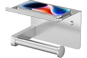 FORIOUS Toilet Paper Holder with Shelf, Adhesive or Screw Wall Mount Toilet Roll Holder for Bathroom, Rustproof 304 Stainless Steel Commercial Toilet Tissue Holder with Storage, Brushed Nickel