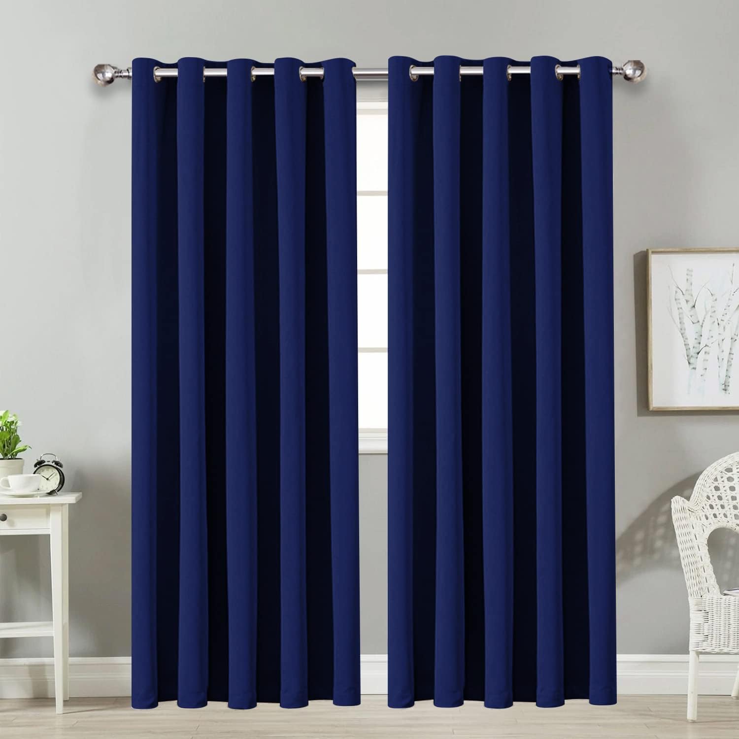 Yorkshire Bedding Blackout Ring Top Curtains for Bedroom 66x72 Inch Super Soft Thermal Insulated Navy Curtains Panels + 2 Tiebacks