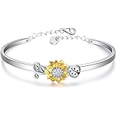 YAFEINI Sunflower Bracelet 925 Sterling Silver Sunflower Bangle Bracelet Ladybug Cuff Bracelets for Women Jewelry Gifts (Sunflower Bracelet)
