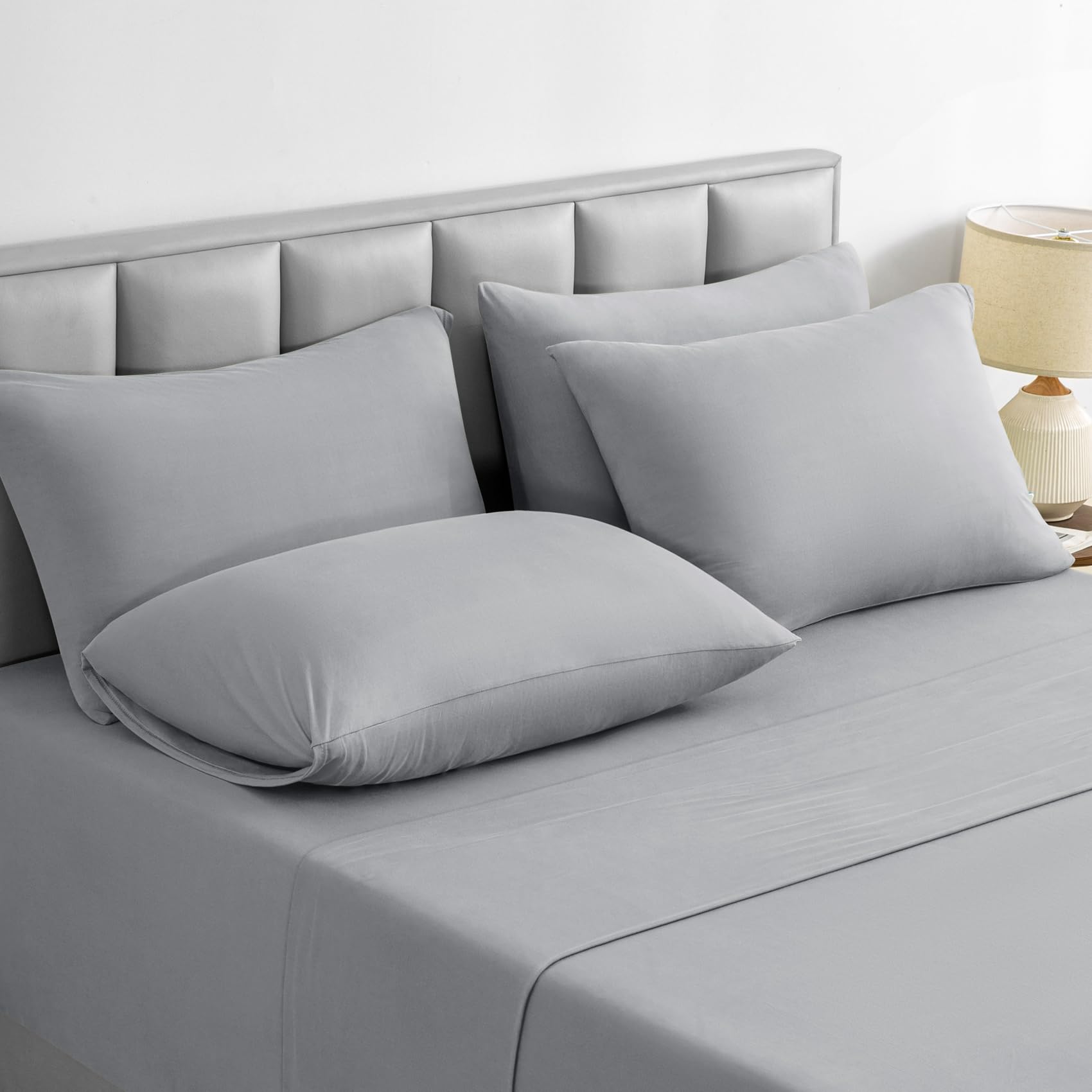 BYSURE Jersey Knit Full Size Bed Sheets 6 Pieces, Stretch Super Soft and Wrinkle-Free Bed Sheets, Spandex Blend with 18-inch Deep Pocket, Light Grey