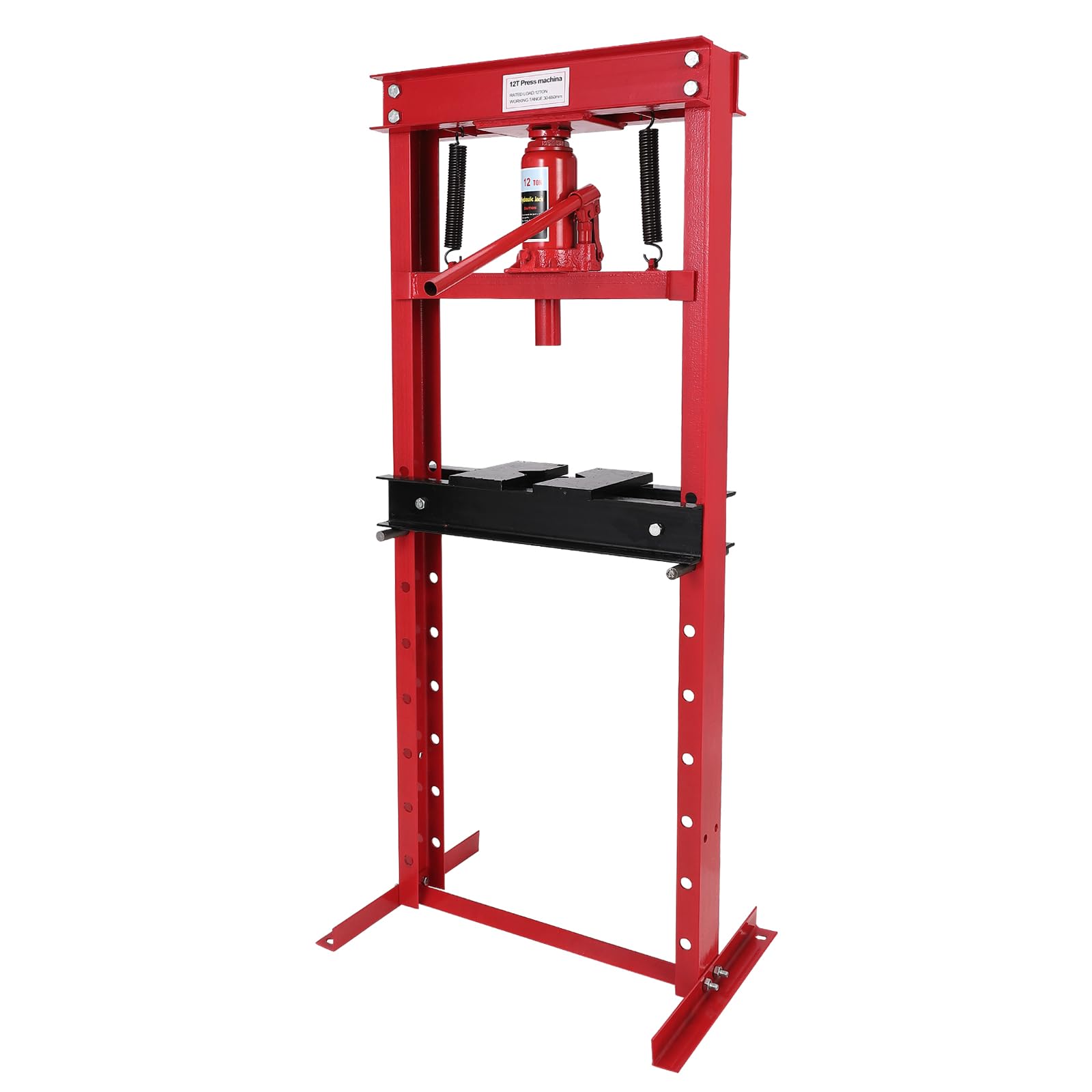 Photo 1 of 12T Hydraulic Shop Press, H-Frame Heavy Duty Garage Floor Shop Press Tool with Plates, Adjustable Working Table Height to Bend, Straighten, Or Press Parts, Red