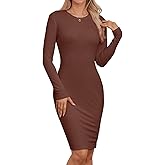 Qaffier Bodycon Dresses for Women Long Sleeve Dress Casual Crew Neck Slim Fitted Fleece Midi Dresses