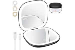 Benbilry Rechargeable Compact Makeup Mirror with Lights and Magnification 1X / 10X, Double Light Strip Dimmable Travel Makeup Mirror with 3 Light Colors Mini Magnetic Closing Pocket Mirror for Women