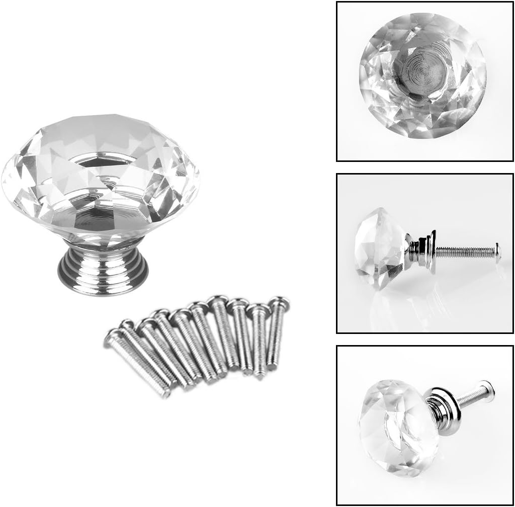 Sourcingmap Drawer Knob Pull Handle 40mm Crystal Glass Diamond Shape Cabinet Door Drawer Knobs with Screws for Home Office Cupboard Wardrobe DIY Clear 1PC - Image 4