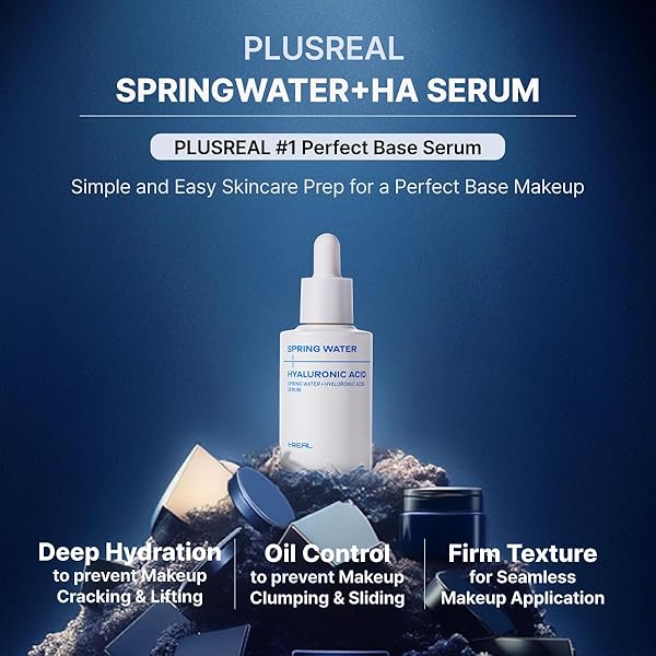 PLUSREAL SPRING WATER + HYALURONIC ACID SERUM, 1.01 FL.OZ.｜LIGHTWEIGHT DEEP HYDRATING FACE SERUM TO PREVENT CRACKY, CAKEY MAKEUP