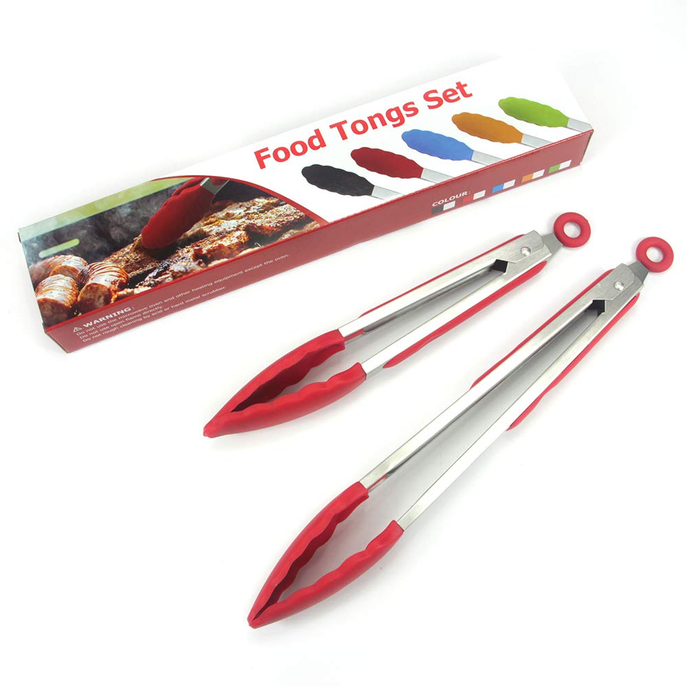 2 Pack Kitchen Tongs, Food Grade Silicone BPA Free Non-Stick Stainless Steel BBQ Cooking Grilling Locking Food Tongs, 9-Inch & 12-Inch (red-silver)
