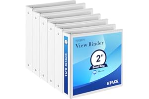 SUQJOY 2 Inch 3-Ring Binder, 2" Round Ring Binder with 2 Inside Pockets, 6 Pack White Binders, Clear View Cover, Holds Up to 450 Sheets 8.5" x 11" Paper，Durable Binders for Office/Home/Back to School