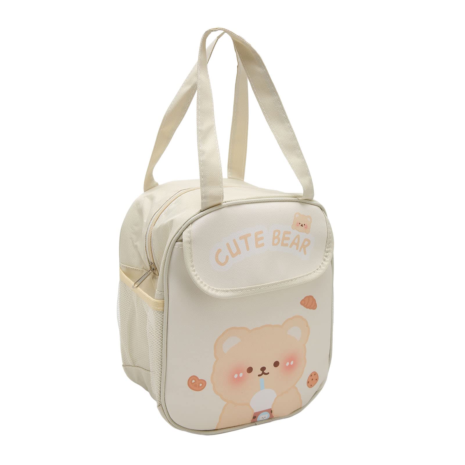Lunch Box,Insulated Lunch Bag with Handle,Cartoon Pattern Large Capacity Aluminum Foil Thicken Kawaii Lunch Box,Cooler Bag for Office School, Beige Milk Tea Bear Lunchbox