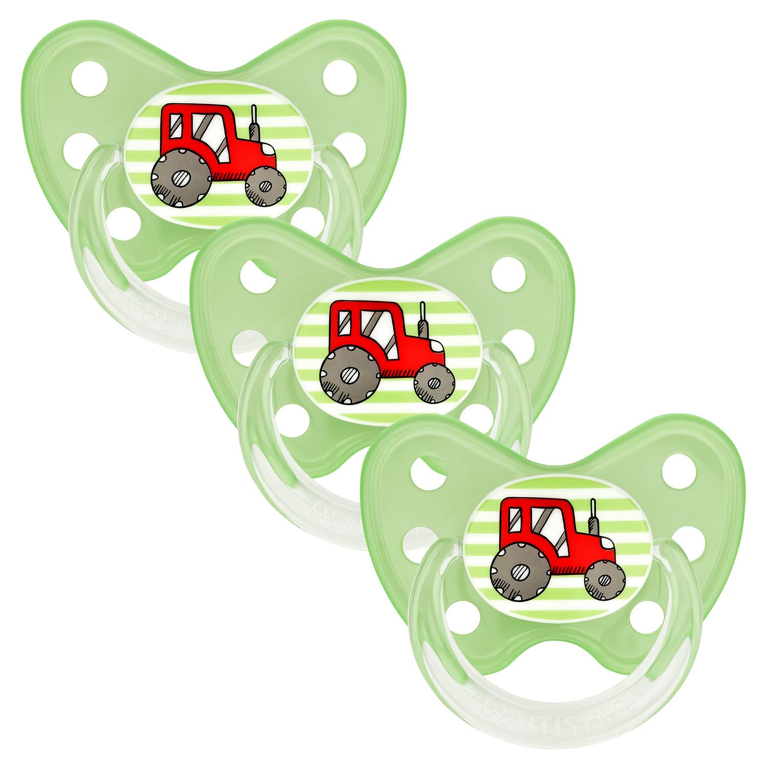 dentistar Silicone Soother Set of 3 - Size 3, from 14 Months - Tooth and Jaw Friendly Silicone Soother with Dental Step - BPA Free - Made in Germany - Tractor, Green