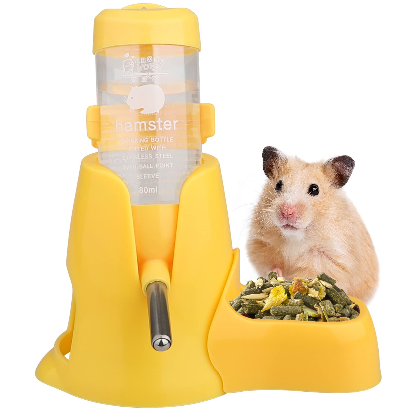 Hamster Water Bottle, [80ml] Diyife Guinea Pig Water Bottle Non Drip, Hamsters Automatic Water Dispenser, Free Standing Small Animal Water Bottle for Bunny Chinchilla Hedgehog Squirrel (Yellow)