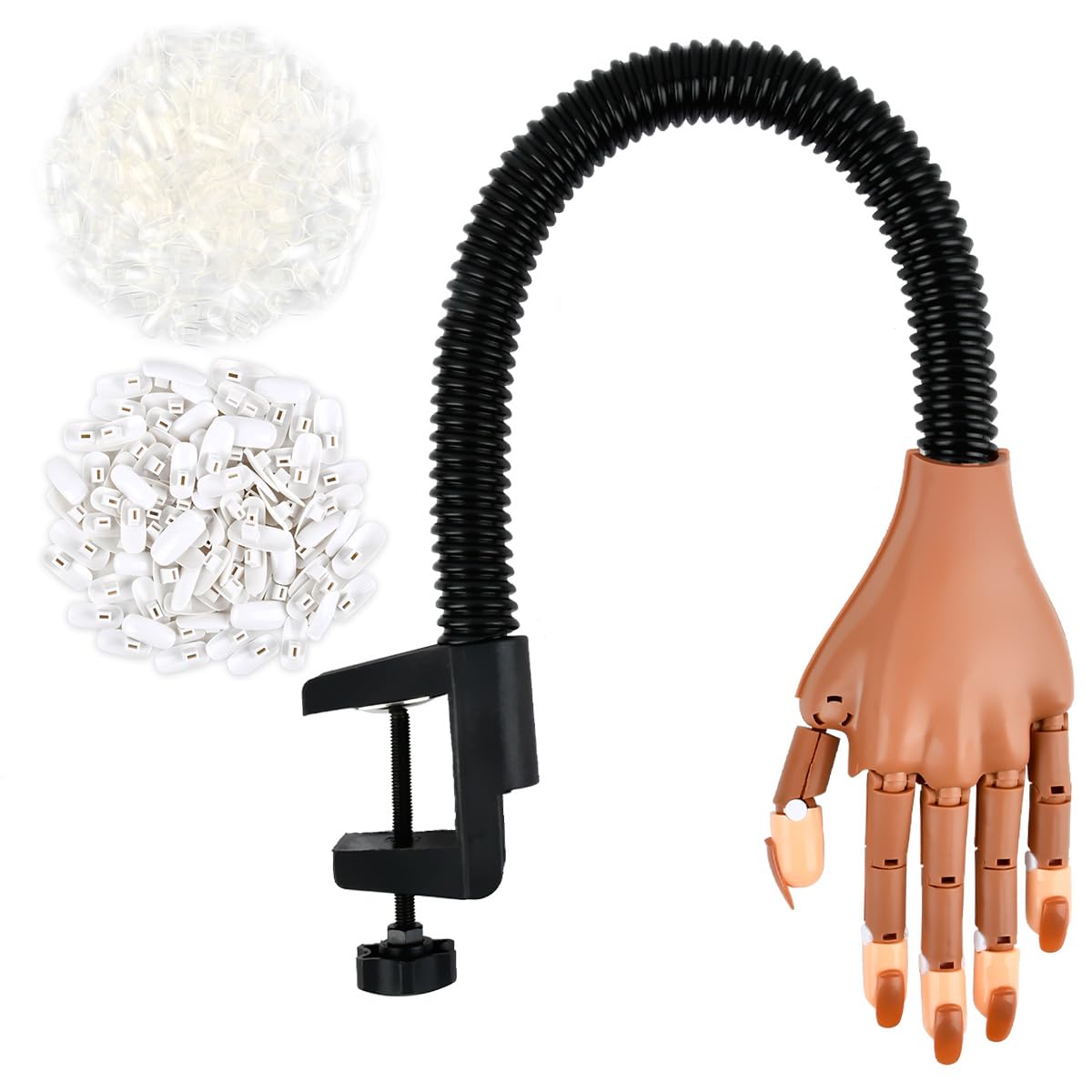 Flexible Nail Practice Hand with 200Pcs White/Clear Nail Tips,Practice Hand for Acrylic Nails,Nail Art Hand Tools for Nail Art Designs and Nail Extension Exercises to Show off your Nail Work