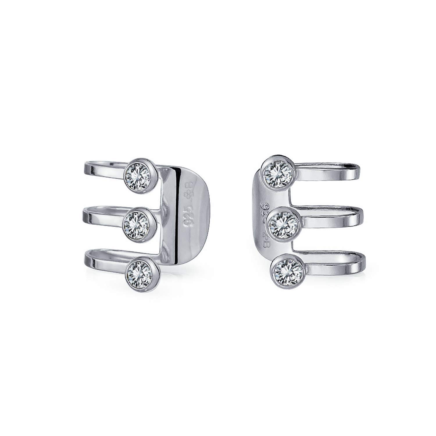 Minimalist Geometric Three CZ Bezel Wrap Helix Stripe Bar Line Triple Band Cartilage Ear Cuffs Earrings .925 Sterling Silver