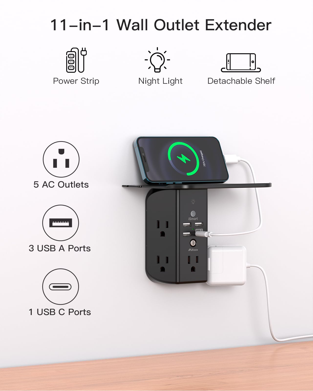 Wall Outlet Extender with Shelf and Night Light,Surge Protector,USB Wall Charger with 5 USB Outlets and 3 USB Ports 1 USB C Outlet