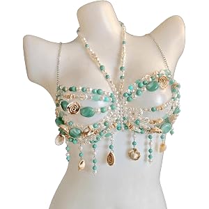 Mermaid Shell Bead Body Chain Bra (Pearl Shell | Luxury handmade jewelry accessories tops,Turquoise and Pearl, Boho Beach Fes