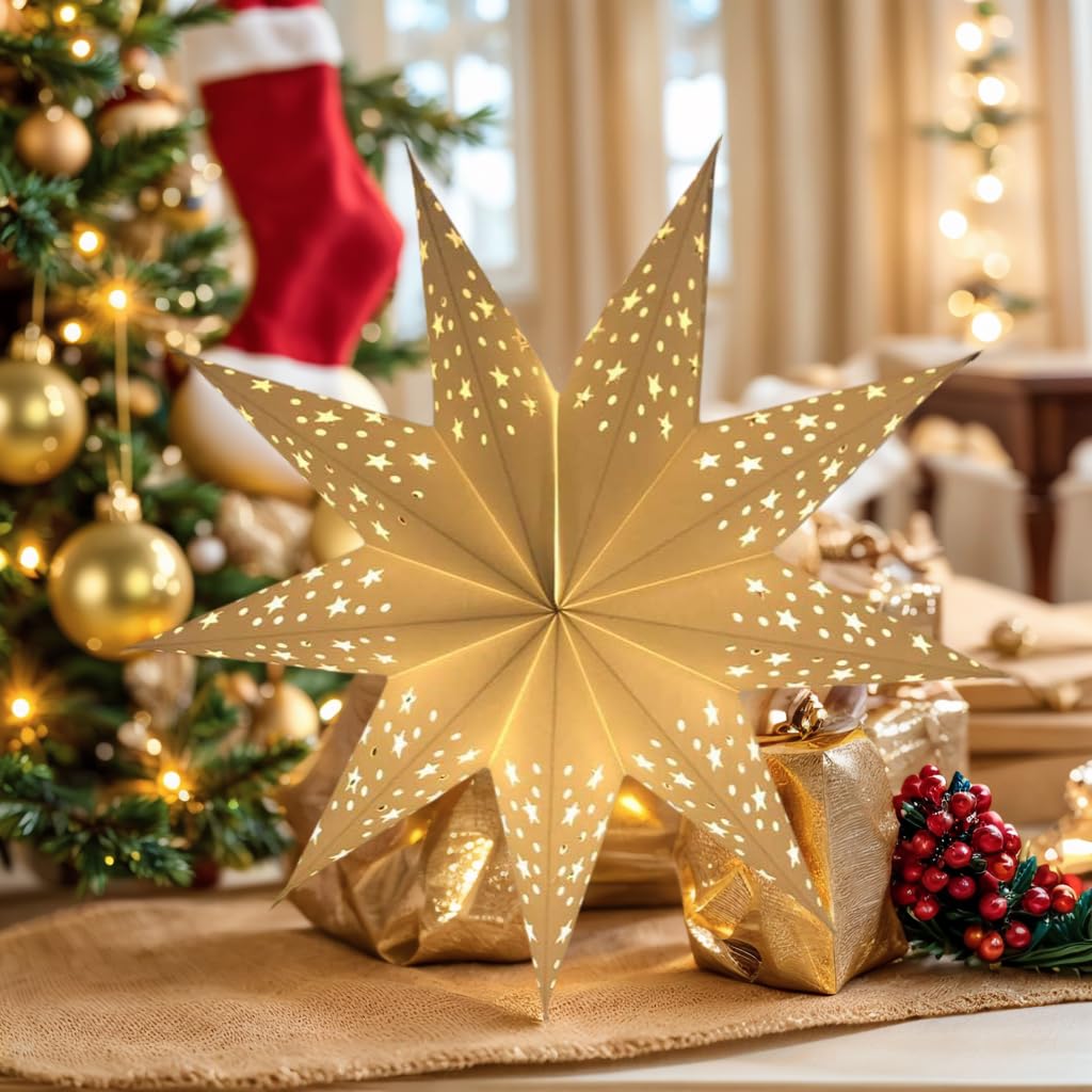 2pcs Paper Star Lantern Lampshade White 7 Pointed Hollow Out Large Lantern Wedding Christmas Ceiling Wedding Party Birthday Hanging Pendant Decoration Supplies 45CM