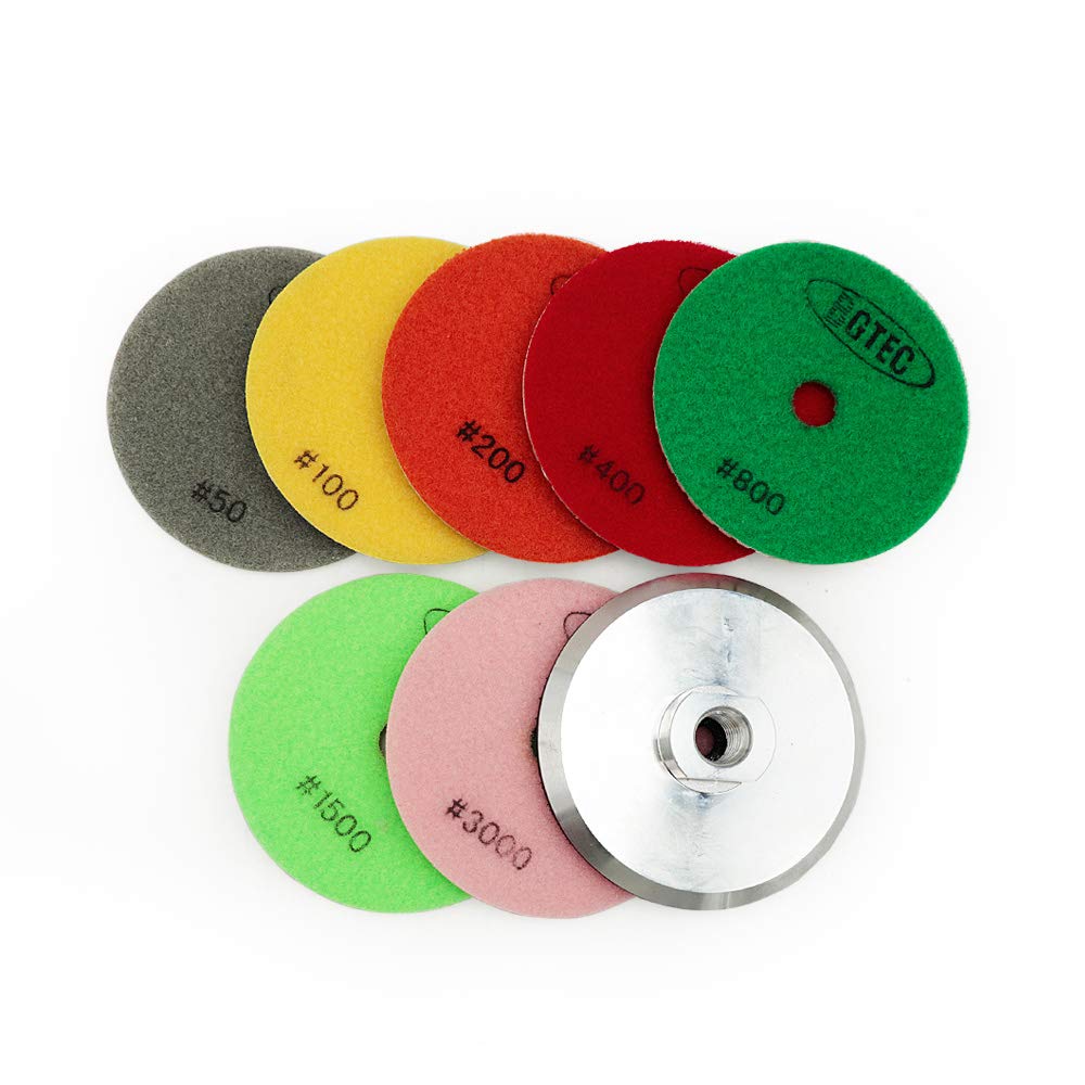 BGTEC 100MM Diamond Wet Polishing Pads for Granite Marble Mixed Grits 7pcs Pads with 1pc M14 Aluminum Backer