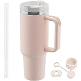 40 oz tumbler with handle and Straw Lid Leak-proof Silicone Boot Straw Cover Cap Travel Coffee Mug Stainless Steel Water Bottle Insulated Cup for Hot and Cold Beverages Gift Idea (Rose Quartz, 40oz)