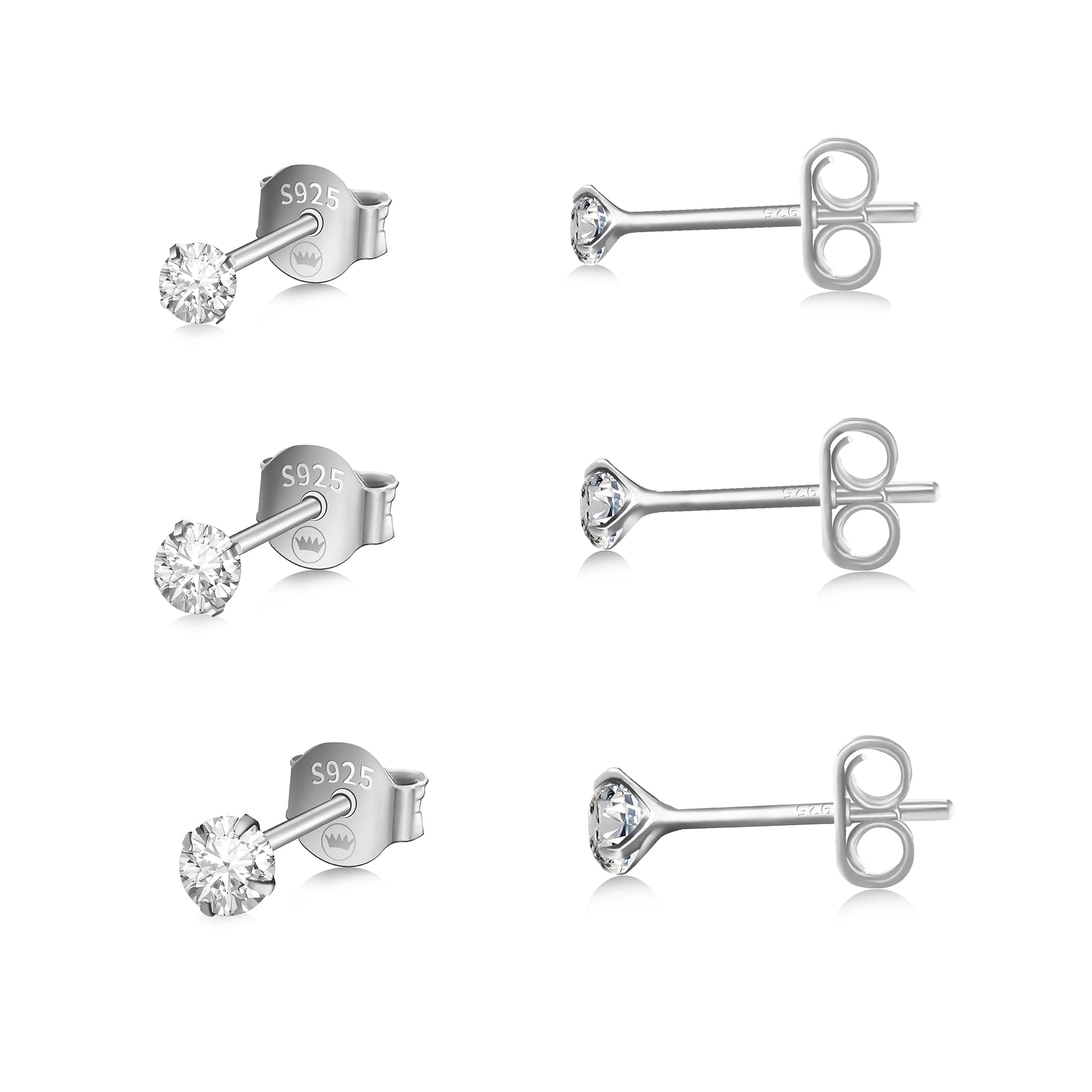 SIMPLI BASIC Set of 3 Pairs Sterling Silver Studs for Women Round Cut White CZ Earrings 3/4/5mm, Hypoallergenic & Nickel Free Earrings | Jewellery Gifts with Pouch - Rhodium Plated