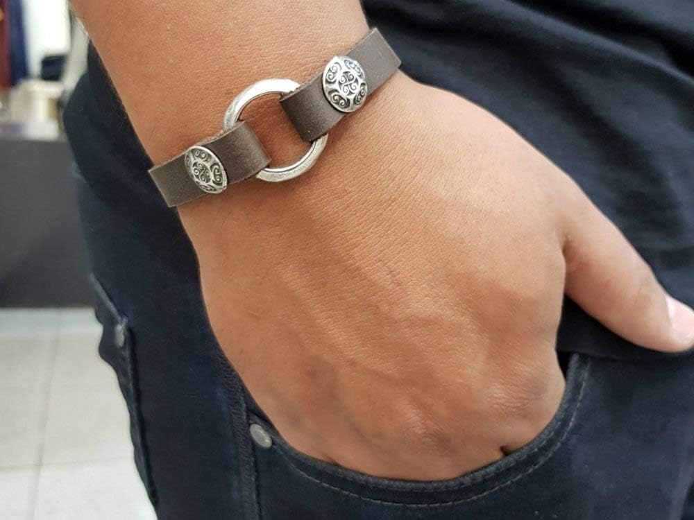 Mens Brown Leather Bracelet with a Ring Charm