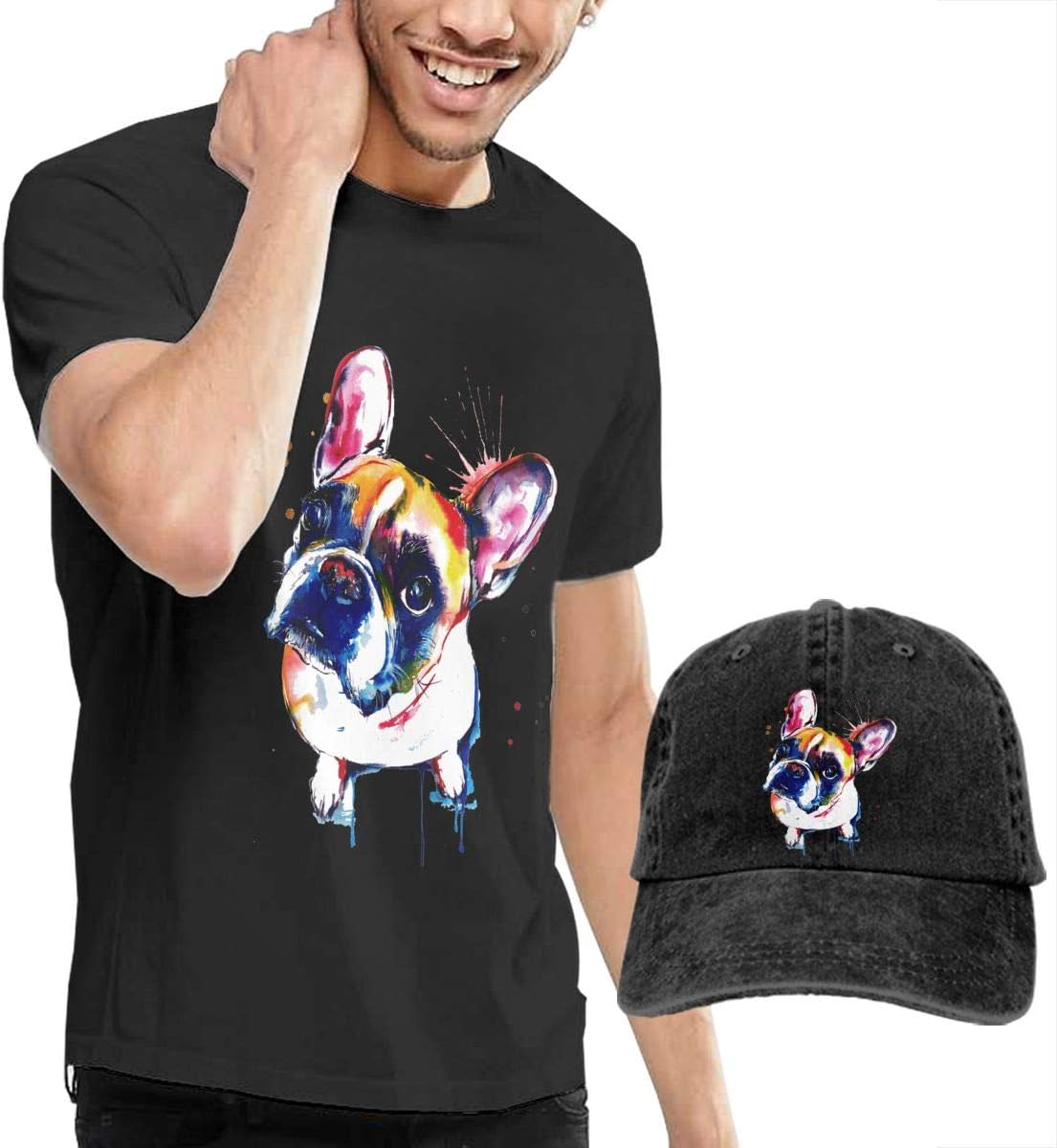 Men's Short Sleeves Cute Funny Bulldog T-Shirt + Cowboy Hats Combo Set