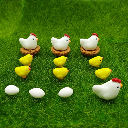 EMiEN 16 Pieces Hens Chickens Family Miniature Ornament Kits Set for DIY Fairy Garden Dollhouse Decoration,Hens,Henhouse,Chickens,Eggs Miniature Ornament for Fairy Garden Plant Dcor