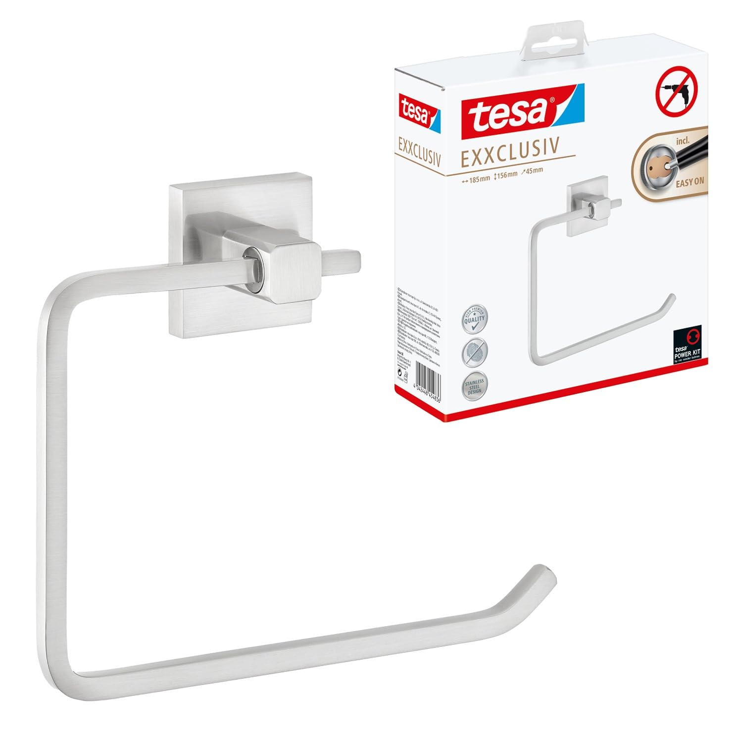 tesa EXXCLUSIV Towel Ring - Self-Adhesive Hand Towel Ring in Stainless-Steel Design - Wall-Mounted Towel Holder - waterproof, incl. Power.Kit Adhesive Solution - 156 mm x 185 mm x 45 mm