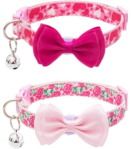 Puppy Collar With Bell - 2 Pack, XS Adjustable For Tiny Dogs & Cats, Pink & Rose Red, Soft Nylon - View #3