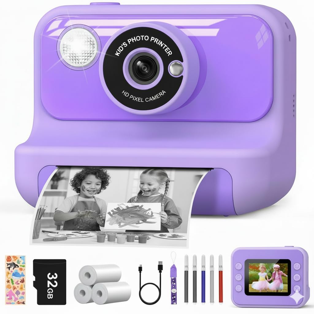 Kids Camera Instant Print, 14MP Kids Instant Print Camera for Kids with 32GB Card & 3 Rolls Paper, Kids Digital Camara Toys Gifts for Boys & Girls Age 3-10