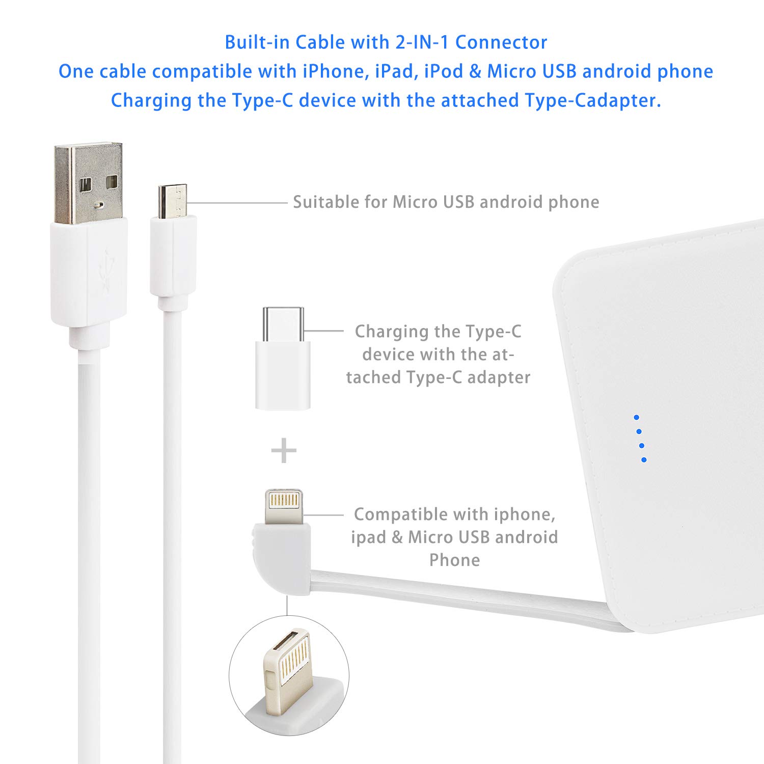 WECODO Slim Portable Charger 5000mAh Power Bank Built-in Cable Pocket External Battery Pack with LED Indicator Compatible iPhone iPad Samsung LG and More