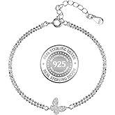 925 Sterling Silver Butterfly Bracelet for Women - Adjustable 1.1mm Dainty Bead Chain Bracelets with Butterfly, Cute Tiny Butterfly Pendant Charm Link Chain Faith Gifts for Women Friends Confirmation Anniversary Birthday - 6+2 Inches