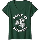 Womens Drink Up Bitchs Lets Get Lucky Irish St Patricks Day Graphic V-Neck T-Shirt