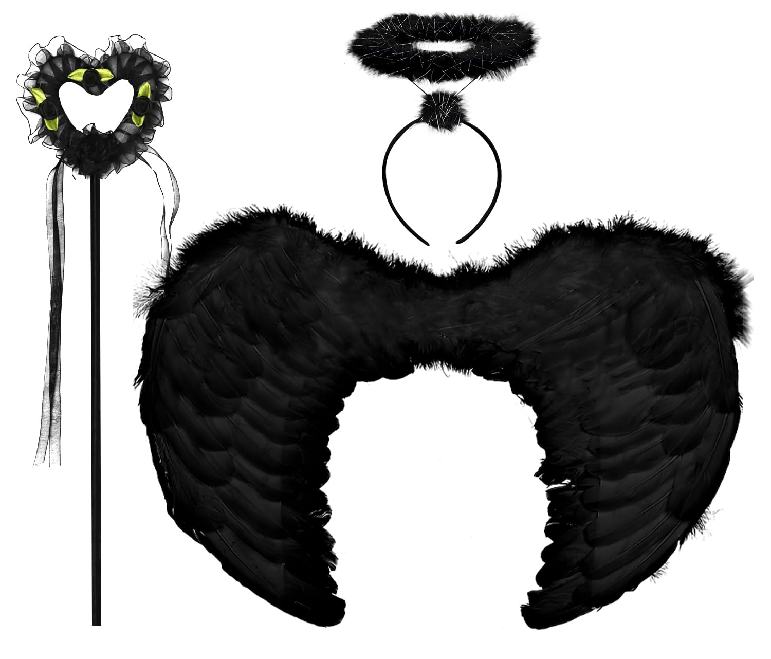 Wonsta Fallen Angel Wings and Halo Halloween Dark Angel Wings Costume for Adult and Kid Black Angel Wings Halo with Fairy Wand Costume for Halloween