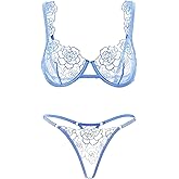 Lilosy Women Sexy Floral Embroidered Mesh Sheer Underwire Push Up Lingerie Set