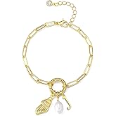 Charm Bracelets for Women, 14K Gold Plated Dainty Conch Initial Bracelets Gold Pearl Bracelets Personalized Gold Jewelry for Women