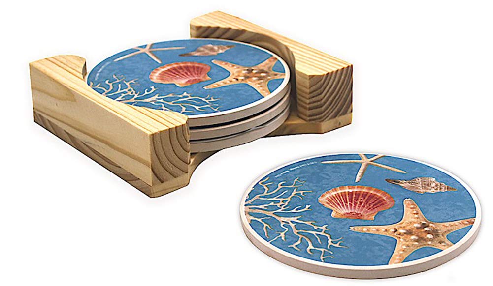Round Stone Coasters 4 Pack with Wood Storage Caddy Island Shells