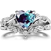 LELOUCHY 10K 14K 18K Solid Gold Heart Gemstone Engagement Ring Set for Women Leaf Art Deco Ring Set Heart Cut Vintage Vine Gemstone Bridal Wedding Promise Ring Set Size4~15